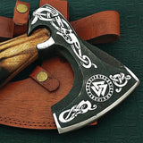 High Quality Handmade Stainless Steel 440c Axe Head Hatchet Axes Hand Forged Beautiful Etching With Leather Sheath (Tomahawk Axe-57)