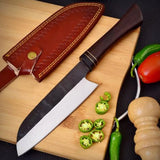 High Quality Custom Handmade 8-Inch Santoku Chef Knife Damascus High Carbon Steel Resin Free Meat Leather Sheath (Chef Knife-122)