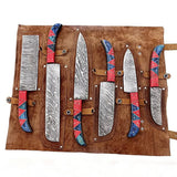 Custom Handmade Damascus 6 Pcs Chef Knife Set and Kitchen Knife Set with Pure Leather Sheath (Chef Knife-54)