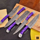 Custom Handmade Top Quality Hand Forged Damascus Steel Chef Kitchen Knife Set Hammered Texture Blade with Leather Sheath (Chef Knife-20)