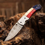 Damascus Steel Pocket Knife, Handmade Tools for Men, 6.5 Inch Pocket Folding Knives with Sheath for Camping (Folding Knife-30)