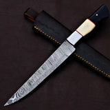 Handmade Damascus Steel Fillet Knife with High Quality Leather Sheath Custom Kitchen (Long Knife-2)