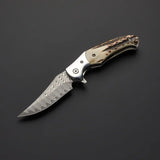 Handmade Damascus Steel Folding Pocket Knife Leather Sheath Multipurpose Hand-Forged Knife For EDC & Hunting  (Folding Knife-39)