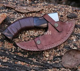 Handmade Viking Chef Knife with Damascus Steel Pizza Cutter Blade Stainless Kitchen Knife with Wooden Handle and Leather Sheath (Pizza Axe-17)