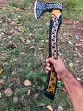 Custom Hand Forged Carbon Steel Viking Axe with Etched Wood Shaft Handle Axe High Quality Material Used in With Leather Cover (Tomahawk Axe-98)
