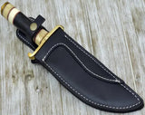 Handmade Outdoor Knife Survival Knives Camping Bowie Knife Damascus Steel Blade Horn Handle With Black Leather Cover.(Bowie Knife-28)