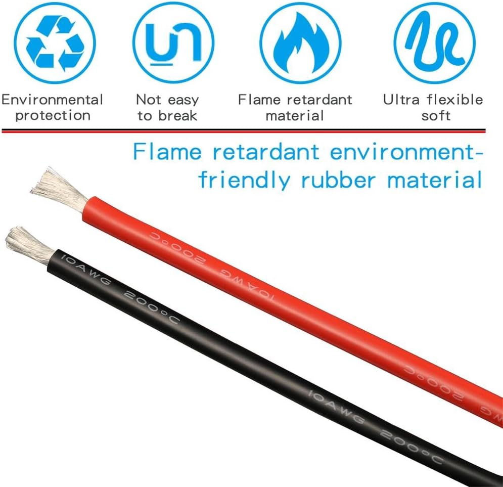10 Gauge Silicone Wire Ultra Flexible 20 feet high temp 200 deg C 600V 10 AWG Silicone Wire 1050 Strands of Tinned Copper Wire Stranded Wire Model Battery Cable Black and Red Each Color 10 ft
