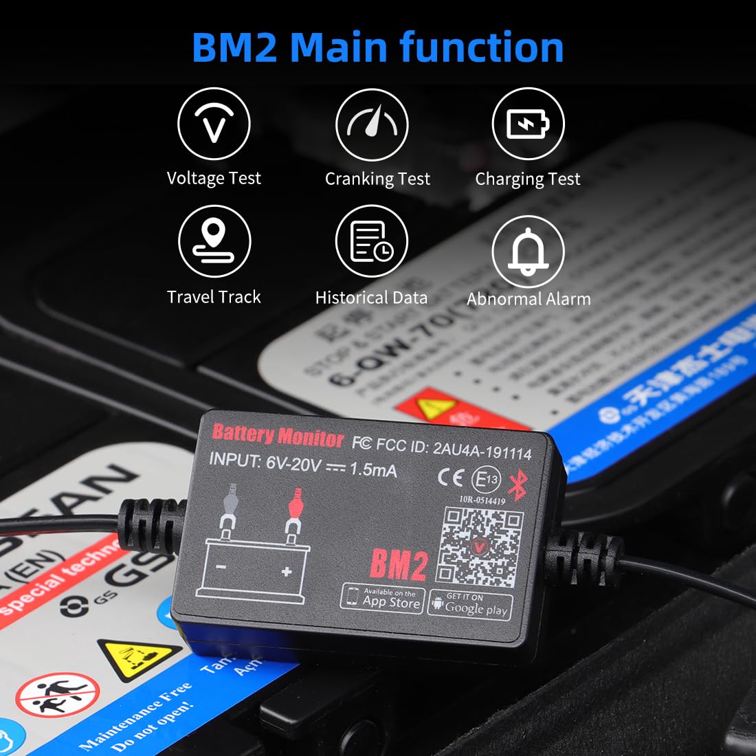 QUICKLYNKS BM2 Bluetooth Battery Monitor 12V Car Battery Tester for Lead Acid Battery, LowVolt Alarm for All 12 Volts Solar Power Systems/RVs/Motorcycles/Boats/Cars Compatible with iPhone Android