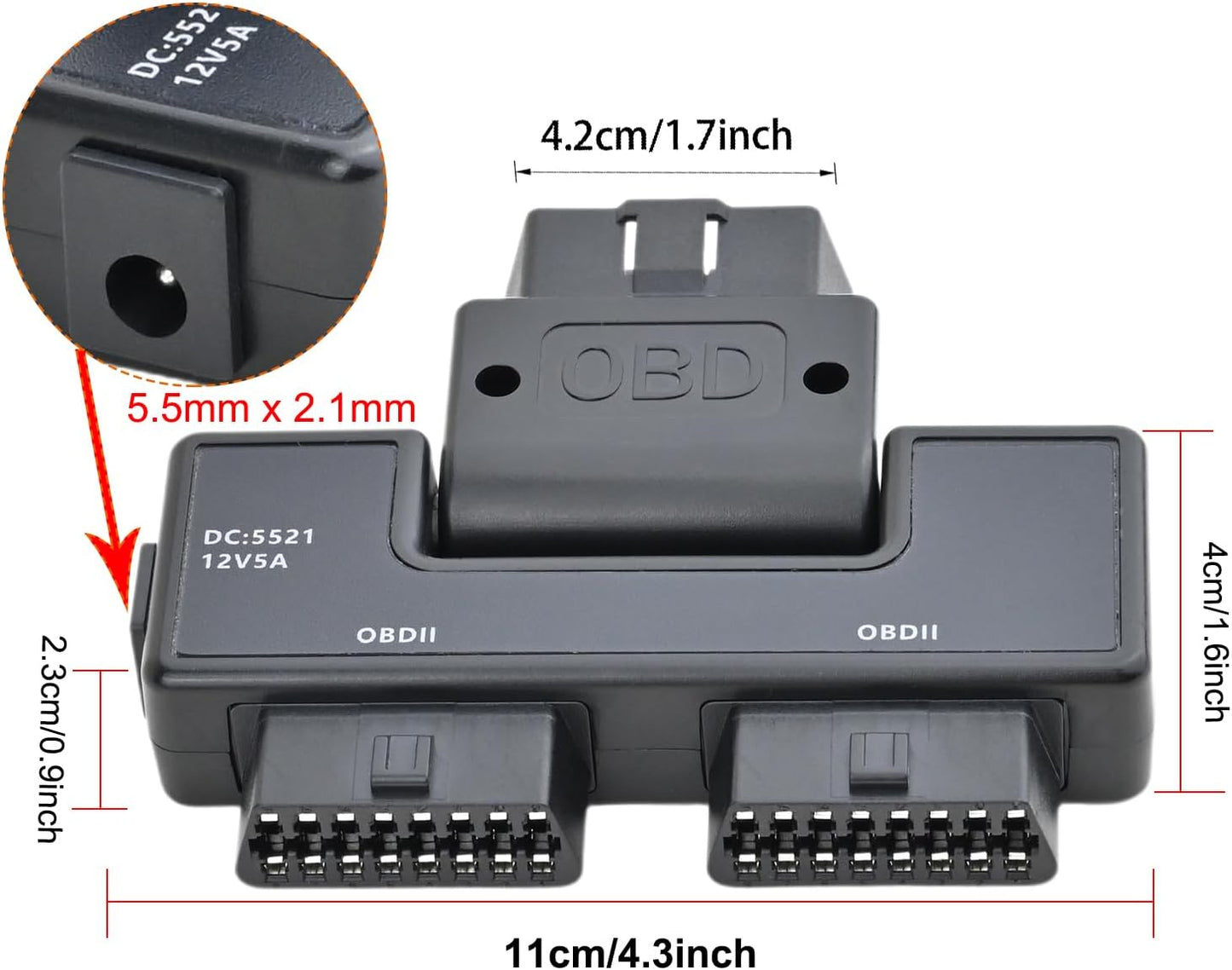 iKKEGOL Pocket OBD2 OBDII Full 16 Pin Male to 2 Female Splitter Converter Adapter 1 to 3 OBD Cable Extension for Diagnostic Tool Extender with DC5521 Port Interface Power Supply for All Car Vehicles