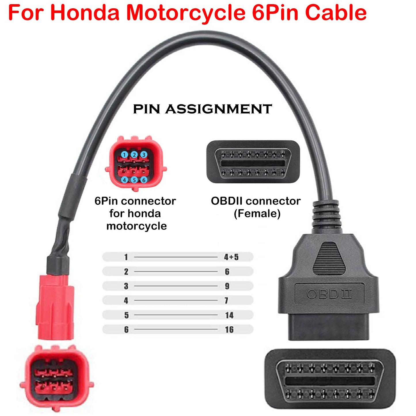 Motorcycle 6 Pin to OBDII 16 Pin Adapter Cable - OBD2 Diagnostic Cable Compatible With Yamaha Honda