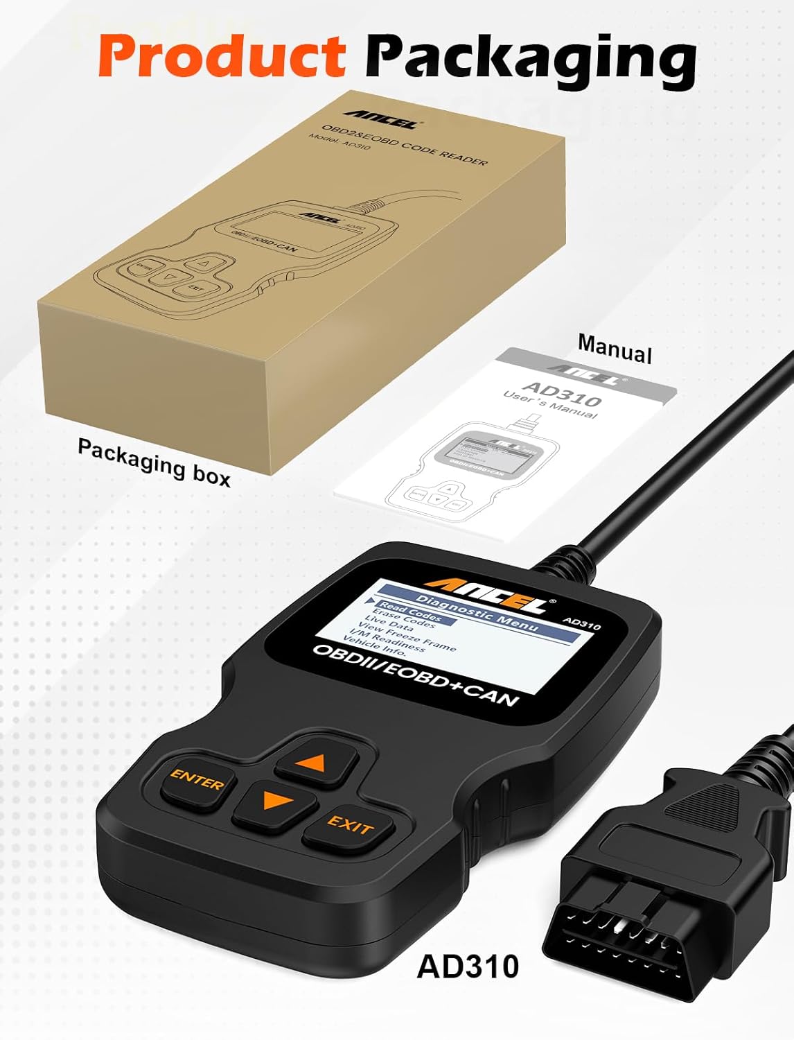 AD310 Universal Enhanced OBD2 Scanner Car Engine Fault Code Reader CAN Diagnostic Scan Tool, Read and Clear Error Codes for 1996 or Newer OBD II Protocol Vehicle (Black)