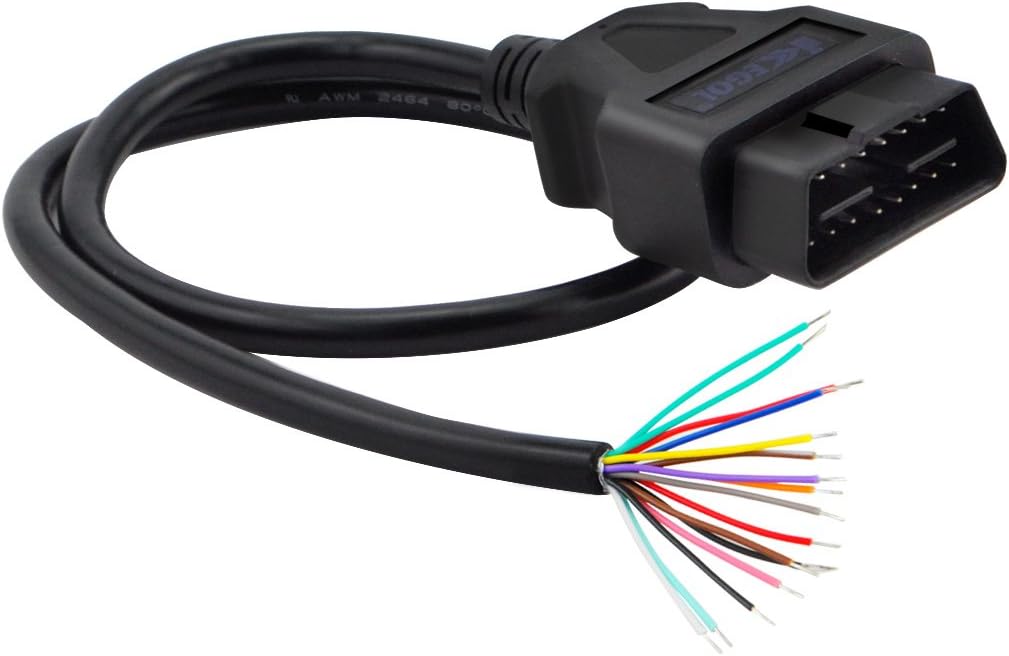 iKKEGOL Pack of 2 16 Pin J1962 OBD2 OBD-II Male Connector to Open Plug Wire, OBD Diagnostic Extension Cable Pigtail for DIY x 2 (60cm 24"" inch, 2ft)