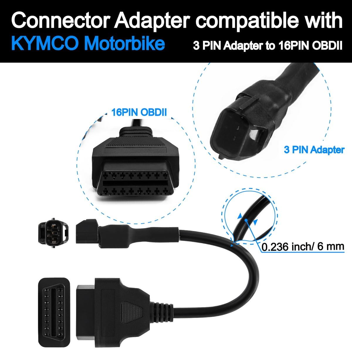 3 Pin to 16 Pin Diagnostic Adapter Cable OBD2 OBDII Compatible with Kymco