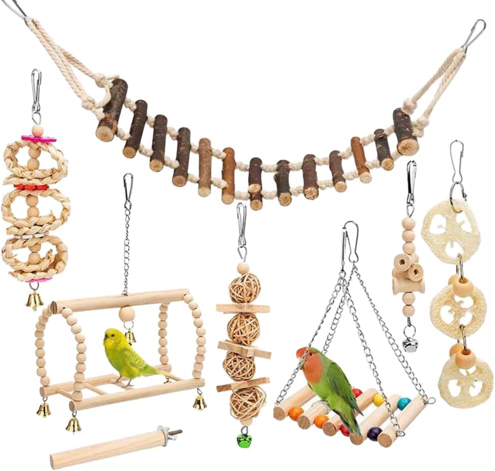 8 Pcs Bird Parrot Swing Toys, Chewing Standing Hanging Perch Hammock Climbing Ladder Bird Cage Toys for Parakeet,Budgerigar,Conure, Mynah, Cockatiel,Love Birds, Finches and Other Small to Medium Birds