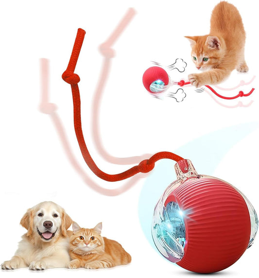 Interactive Electric Automatic Rolling Moving USB Rechargeable Self Activated Play Stimulation Toy Smart Chase Teaser Ball with Rope for Bored Adult Indoor Kitten & Cat and Puppy & Dog, Red