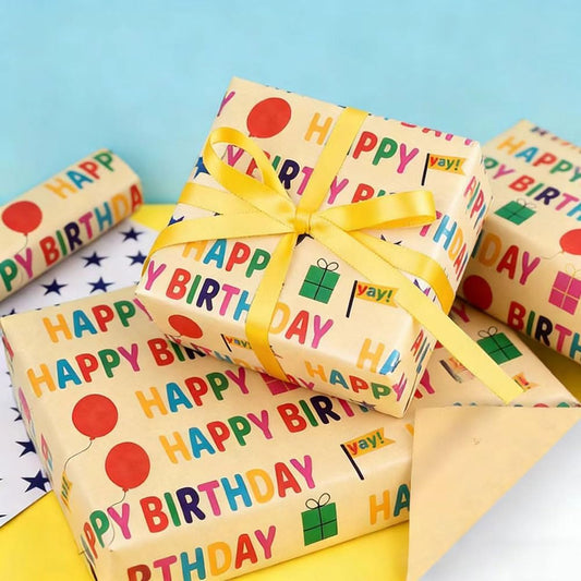 Birthday Wrapping Paper, Kraft Wrapping Paper Roll,ColorfulText "Happy Birthday" Balloon and Vintage gift wrapping paper for Baby,Boy,Girl,Kids,Man,Women (17 inch X 393.7 inch)