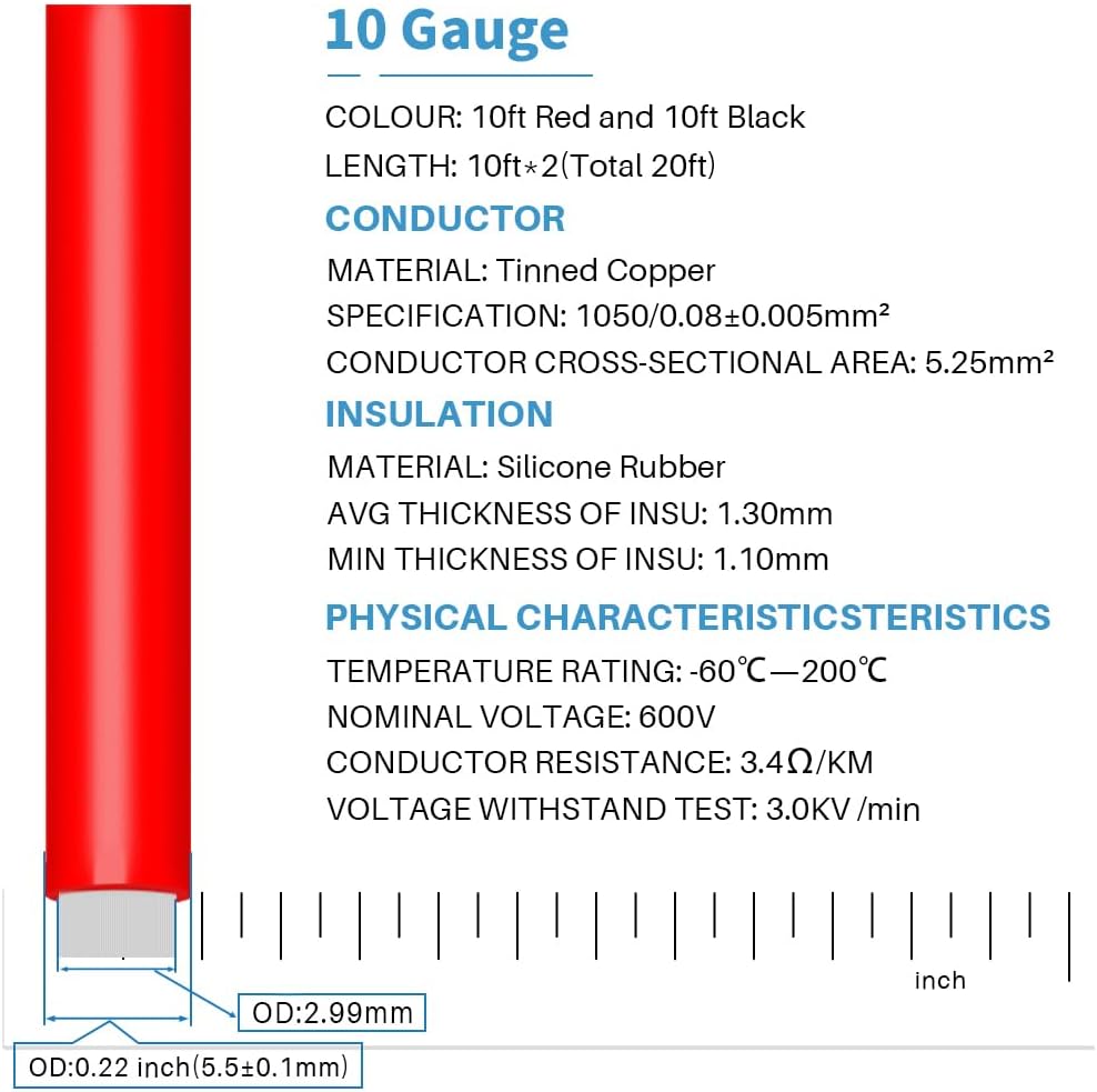 10 Gauge Silicone Wire Ultra Flexible 20 feet high temp 200 deg C 600V 10 AWG Silicone Wire 1050 Strands of Tinned Copper Wire Stranded Wire Model Battery Cable Black and Red Each Color 10 ft