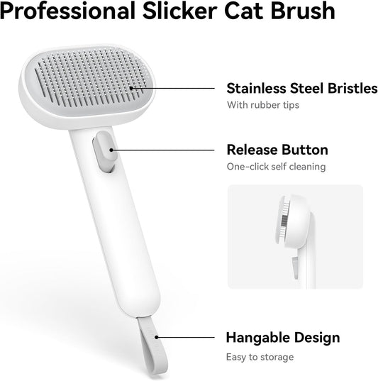 aumuca Cat Brush with Release Button, Cat Brushes for Indoor Cats Shedding, Cat Brush for Long or Short Haired Cats, Cat Grooming Brush Cat Comb for Kitten Rabbit Massage Removes Loose Fur, White