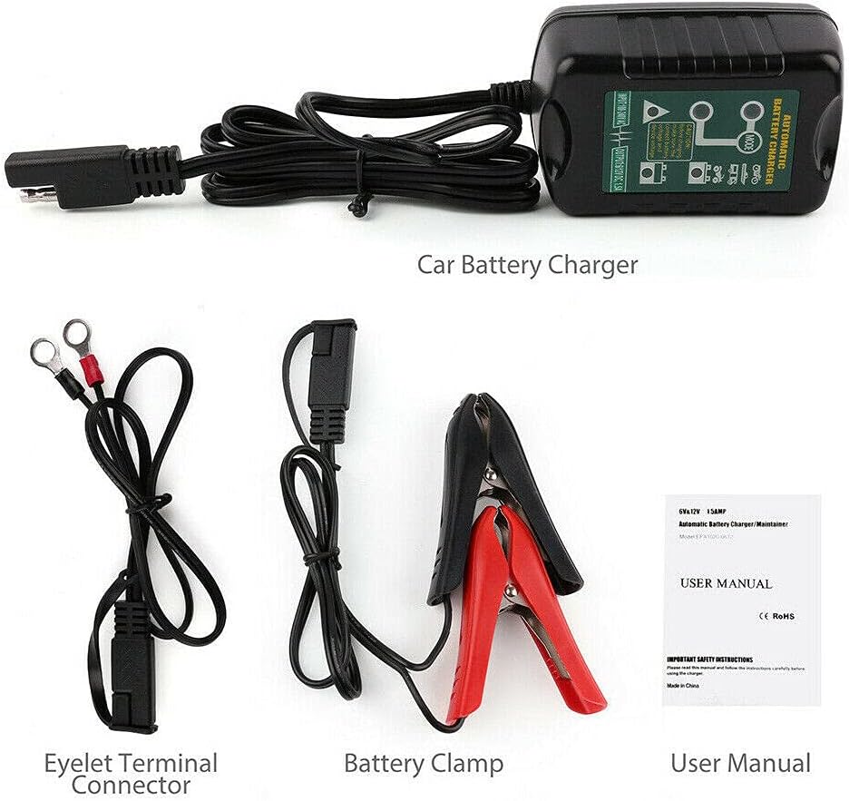 6V 12V 1.5A Car Motorcycle Battery Charger, 7-60Ah, 2-Pin, IP64, Desulfation, Bulk, Absorbtion, Float, Winter Mode, Reverse Polarity Protection