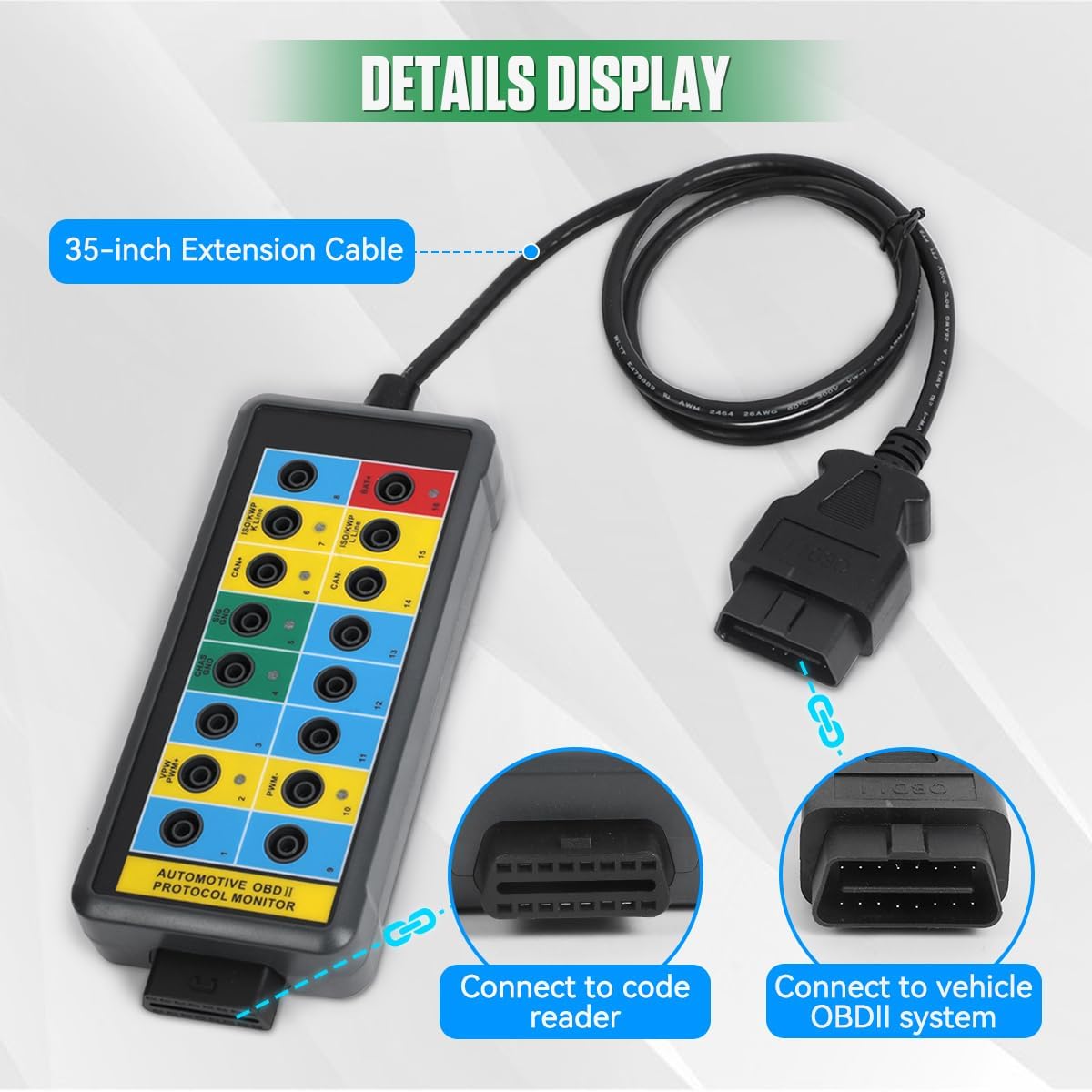 OBD2 Breakout Box Powerful OBDII Protocol Detector Communication/Power/Ground Detection Breakout Box 16-Pin CAN Breakout Box Automotive with OBD2 Scanner Connector, 4mm Banana Jack, 35-inch Cable