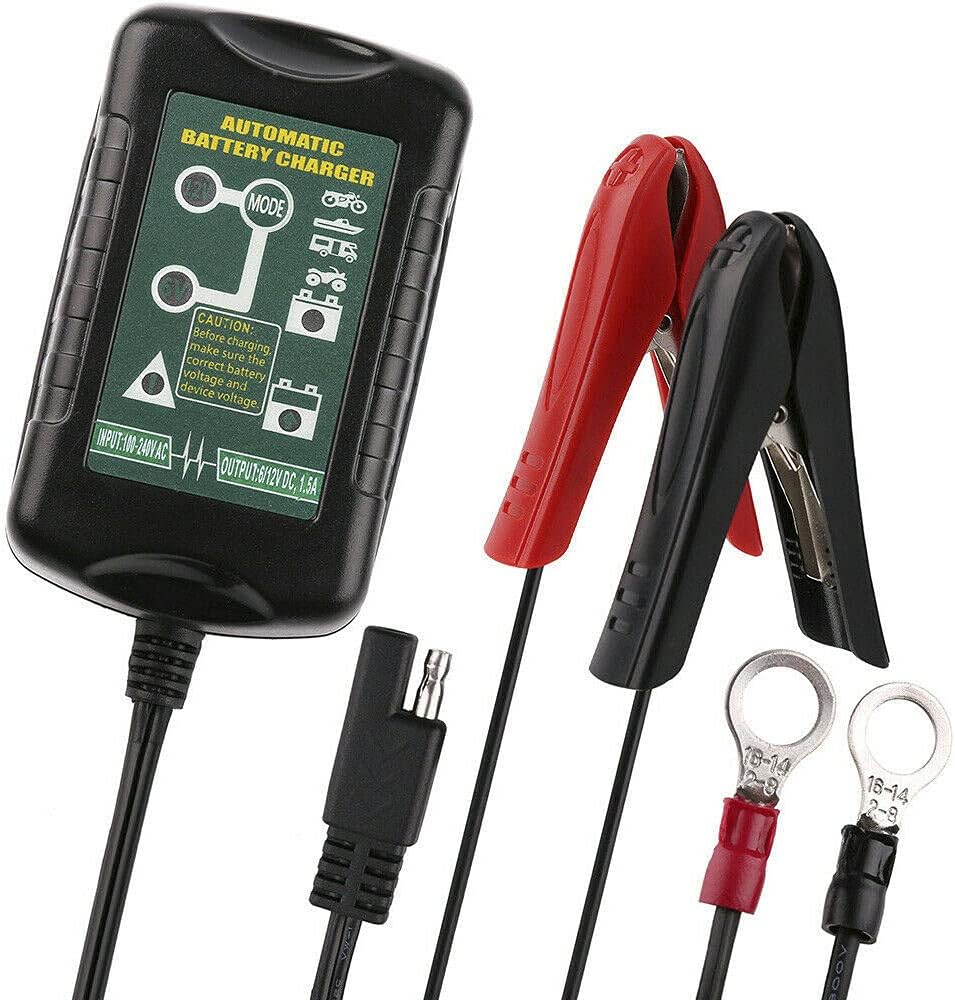 6V 12V 1.5A Car Motorcycle Battery Charger, 7-60Ah, 2-Pin, IP64, Desulfation, Bulk, Absorbtion, Float, Winter Mode, Reverse Polarity Protection