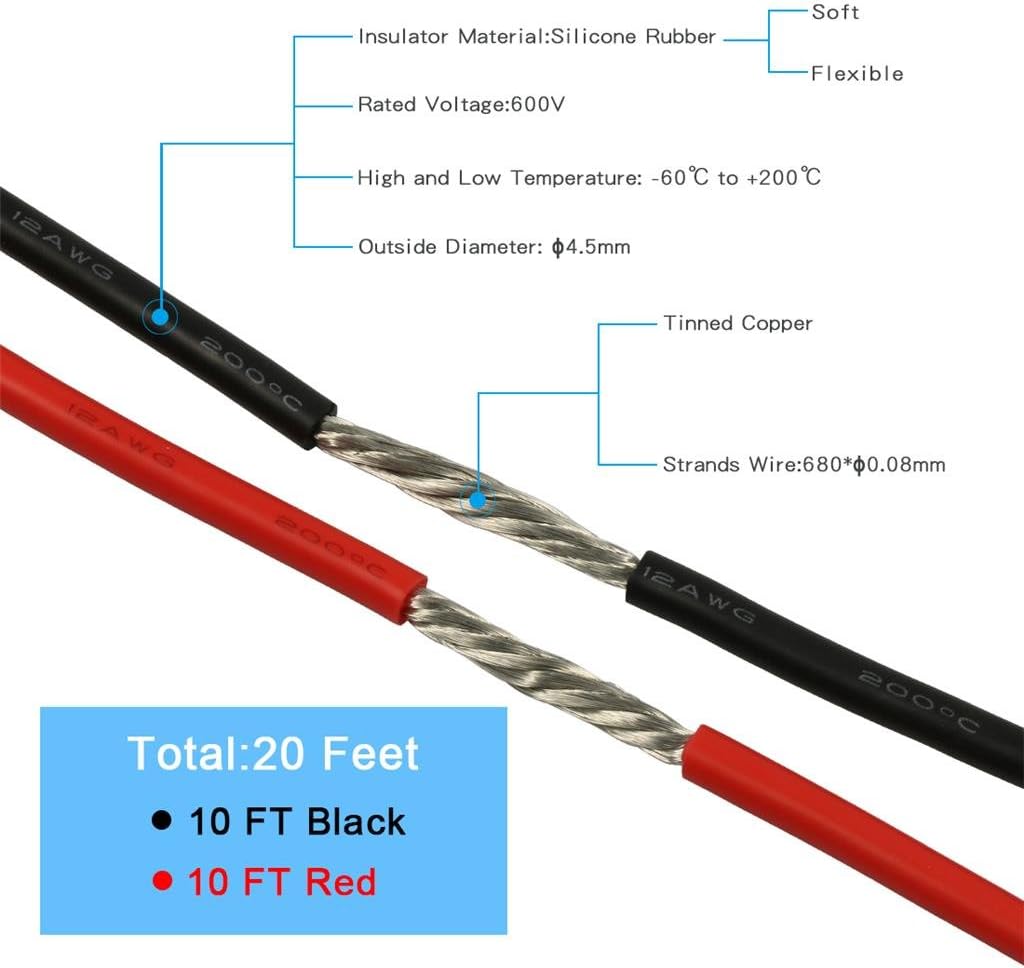 12 Gauge Silicone Wire Ultra Flexible 20 feet high Temp 200 deg C 600V 12 AWG Silicone Wire 680 Strands of Tinned Copper Wire Stranded Wire Model Battery Cable Black and Red Each Color 10 ft