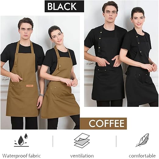 Apron, Unisex Bib Apron, Upgraded Waterproof Canvas, Adjustable, Multiple Large Pockets, Wear-Resistant for BBQ, Kitchen, Hairstylist, Waiters, Artists, Beauticians, Bar Shop