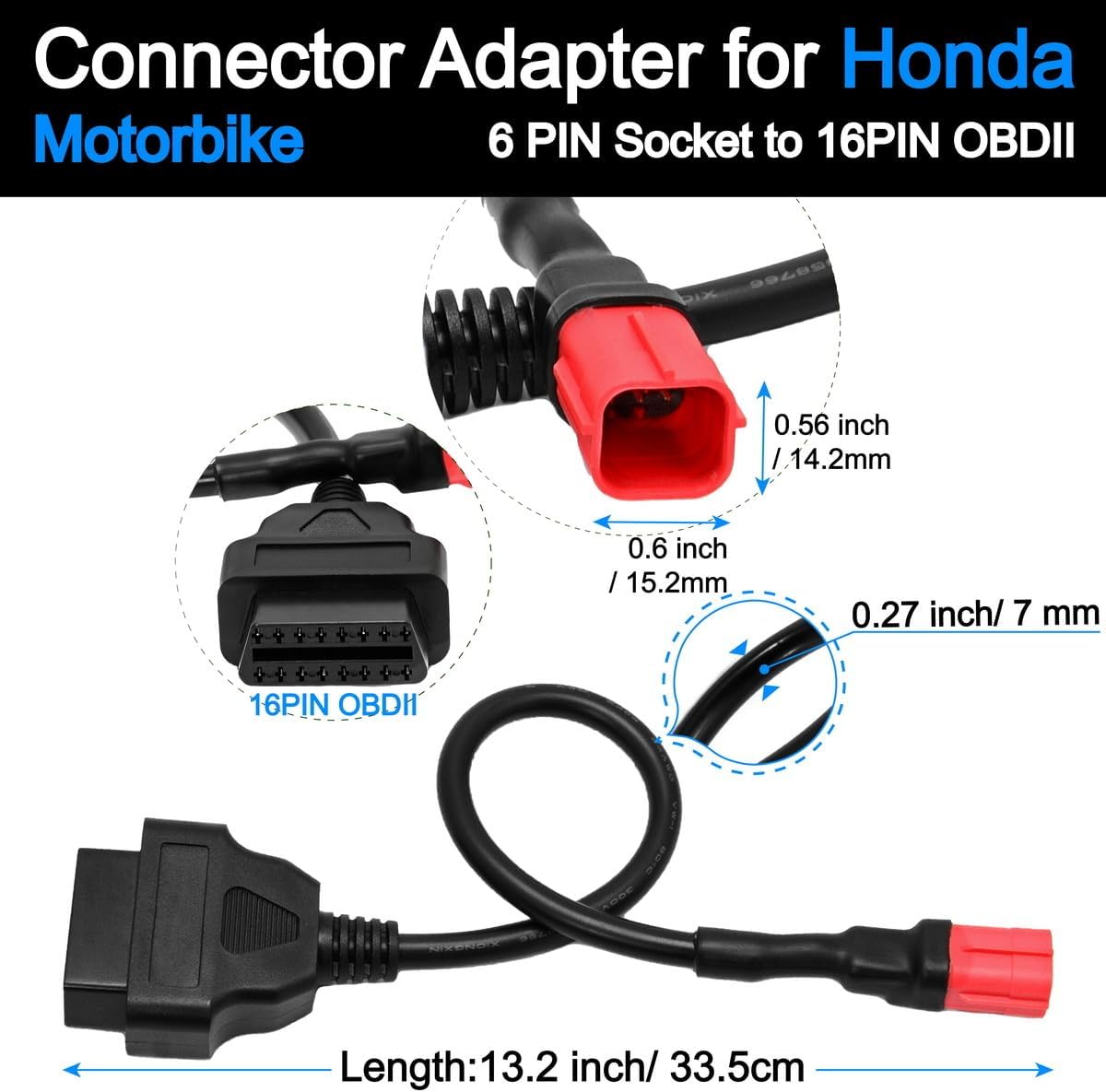 OBD2 OBDII Diagnostic Cable Adaptor 6 Pin to 16 Pin Compatible with Honda Motorbike Motorcycle