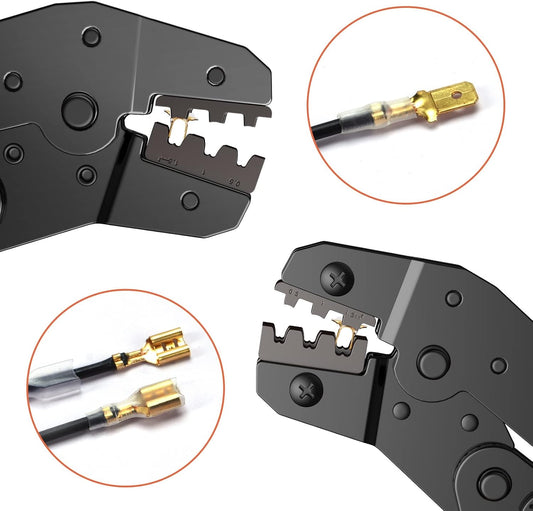 Preciva Ratchet Cable Crimping Tool Kit for Spade Connectors, 0.5-1.5mm²/AWG22-16, Electrical Flat Receptacles Plier With 600pcs Brass Lug Set