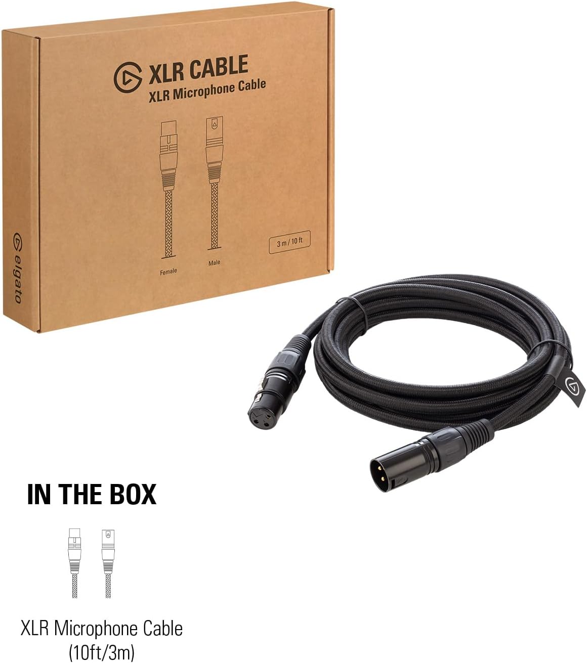 Elgato XLR Microphone Cable – Shielded Microphone Cable for Studio Recording and Live Production, Gold-Plated Pins, Male to Female, for Mic and Balanced Analog Line Levels, 10ft/3m 20CAL9901
