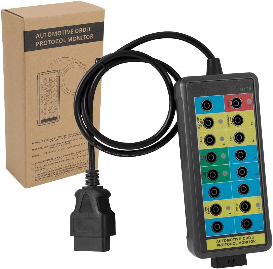 OBD2 Breakout Box Powerful OBDII Protocol Detector Communication/Power/Ground Detection Breakout Box 16-Pin CAN Breakout Box Automotive with OBD2 Scanner Connector, 4mm Banana Jack, 35-inch Cable