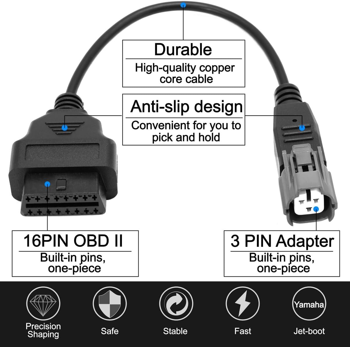 OBD2 OBDII Motorbike Motorcycle Diagnostic Cable Adaptor 16 Pin to 3 Pin Compatible with Ya-ma ha Jet-Boat Mercury Marine Diagnostics Cable
