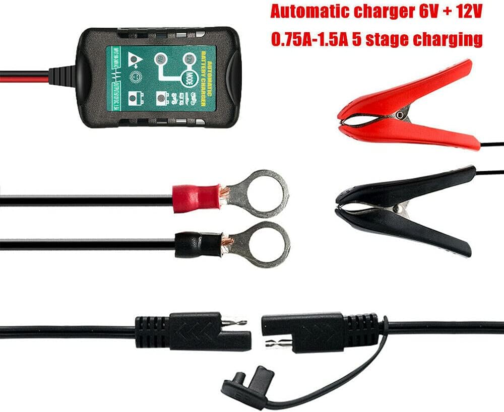 6V 12V 1.5A Car Motorcycle Battery Charger, 7-60Ah, 2-Pin, IP64, Desulfation, Bulk, Absorbtion, Float, Winter Mode, Reverse Polarity Protection