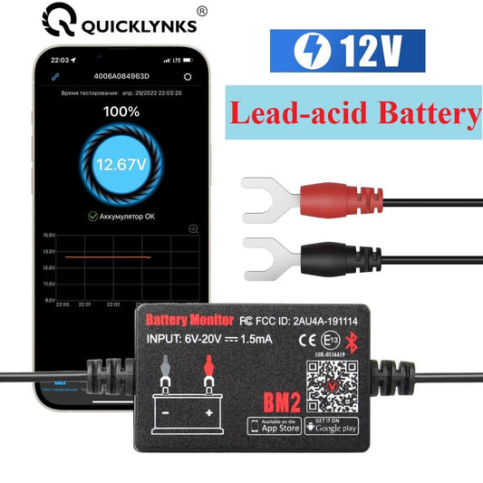 QUICKLYNKS BM2 Bluetooth Battery Monitor 12V Car Battery Tester for Lead Acid Battery, LowVolt Alarm for All 12 Volts Solar Power Systems/RVs/Motorcycles/Boats/Cars Compatible with iPhone Android