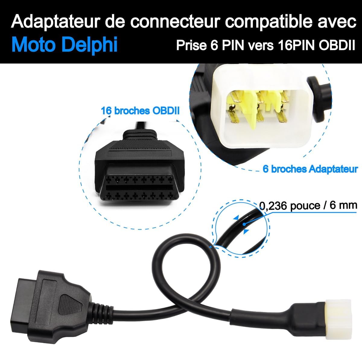 Delphi Motorcycle OBDII 6 Pin to 16 Pin OBD2 Diagnostic Adapter Compatible with Motorcycle