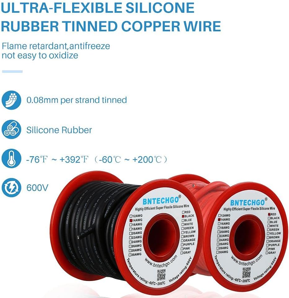 14 Gauge Silicone Wire Spool 50 feet Ultra Flexible High Temp 200 deg C 600V 14 AWG Silicone Wire 400 Strands of Tinned Copper Wire 25 ft Black and 25 ft Red Stranded Wire for Model Battery