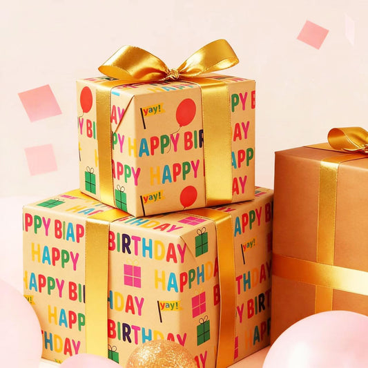 Birthday Wrapping Paper, Kraft Wrapping Paper Roll,ColorfulText "Happy Birthday" Balloon and Vintage gift wrapping paper for Baby,Boy,Girl,Kids,Man,Women (17 inch X 393.7 inch)