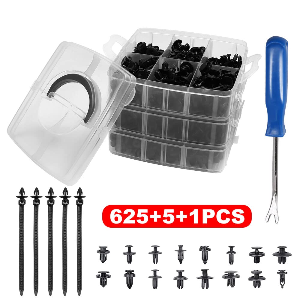 625Pcs Car Clip Set, Automotive Push Pin Retainer Clips Kit with Removal Tool, 16 Most Common Sizes, Door Trim Panel Fasteners Rivets Assortment for Car, Truck, SUV