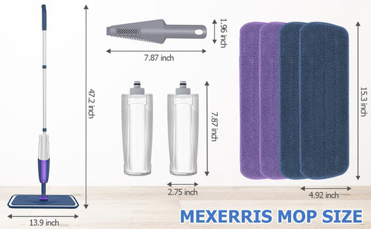 Spray Mops Wet Dry Mops for Floor Cleaning - MEXERRIS Microfiber Hardwood Floor Mop with Spray Dust Flat Mop with 2 Bottle 4 Pads for Cleaning Laminate Wood Vinyl Tiles Hardwood