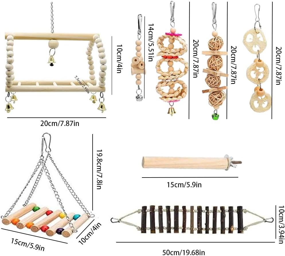 8 Pcs Bird Parrot Swing Toys, Chewing Standing Hanging Perch Hammock Climbing Ladder Bird Cage Toys for Parakeet,Budgerigar,Conure, Mynah, Cockatiel,Love Birds, Finches and Other Small to Medium Birds