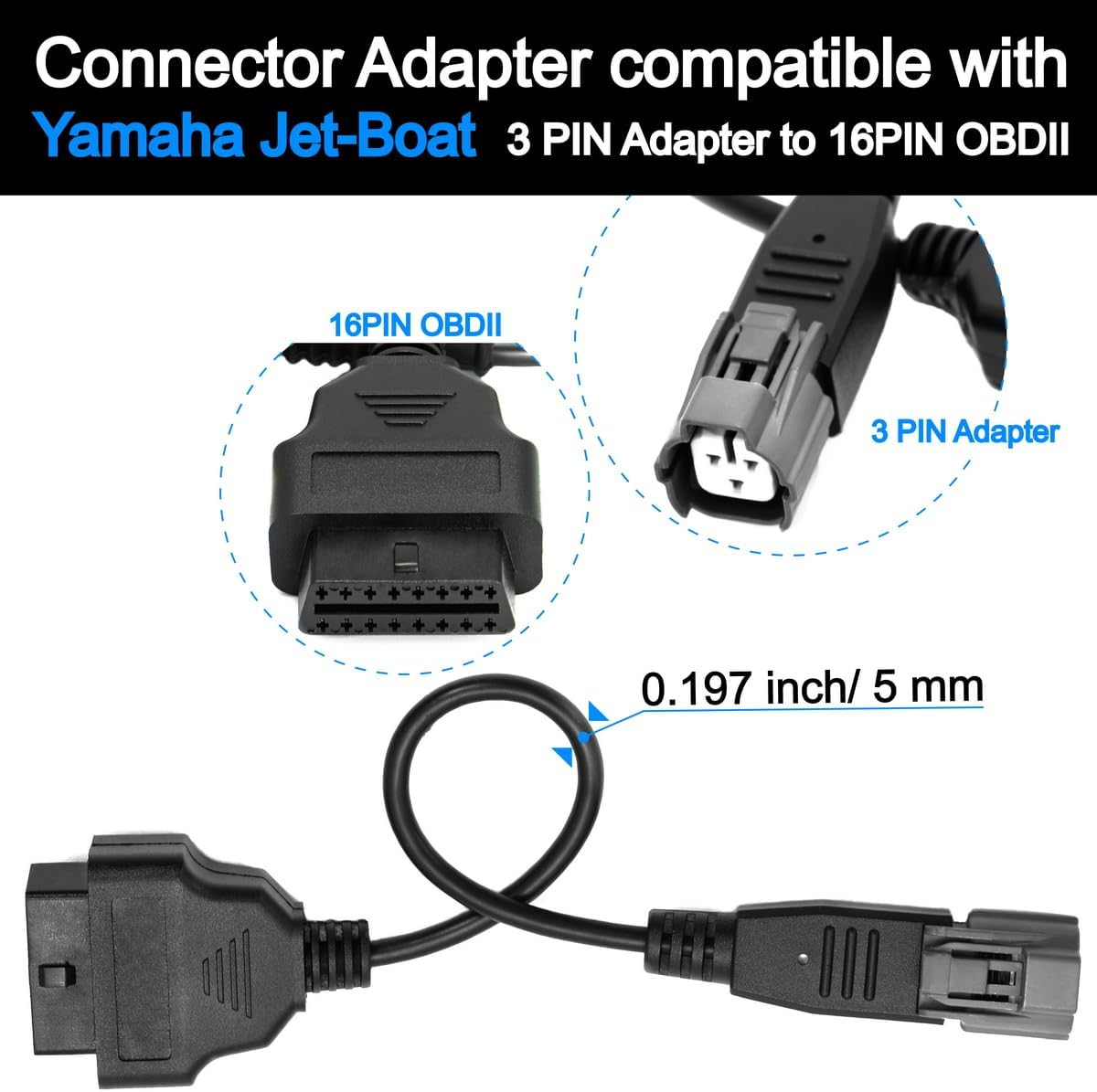 OBD2 OBDII Motorbike Motorcycle Diagnostic Cable Adaptor 16 Pin to 3 Pin Compatible with Ya-ma ha Jet-Boat Mercury Marine Diagnostics Cable