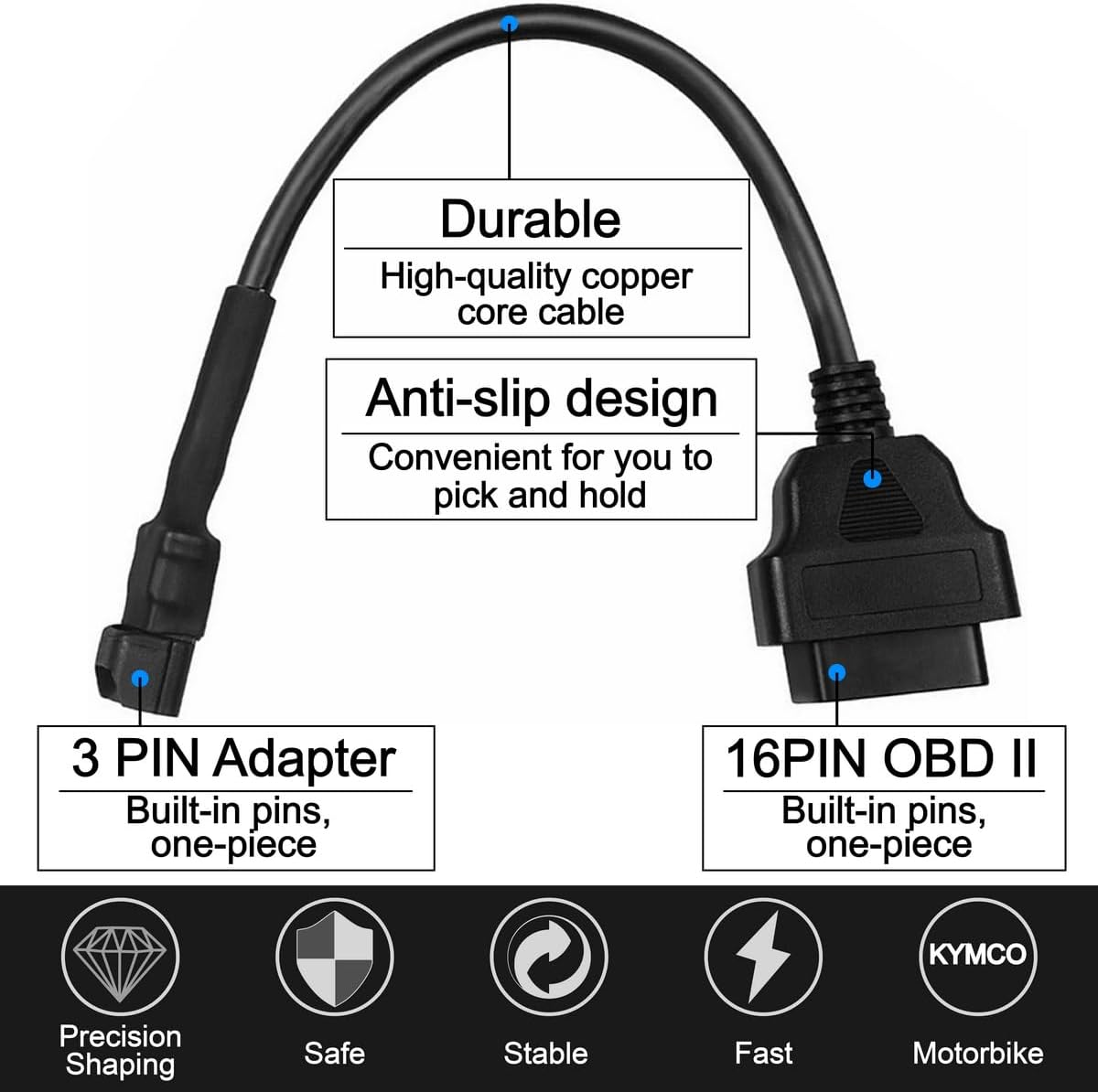 3 Pin to 16 Pin Diagnostic Adapter Cable OBD2 OBDII Compatible with Kymco