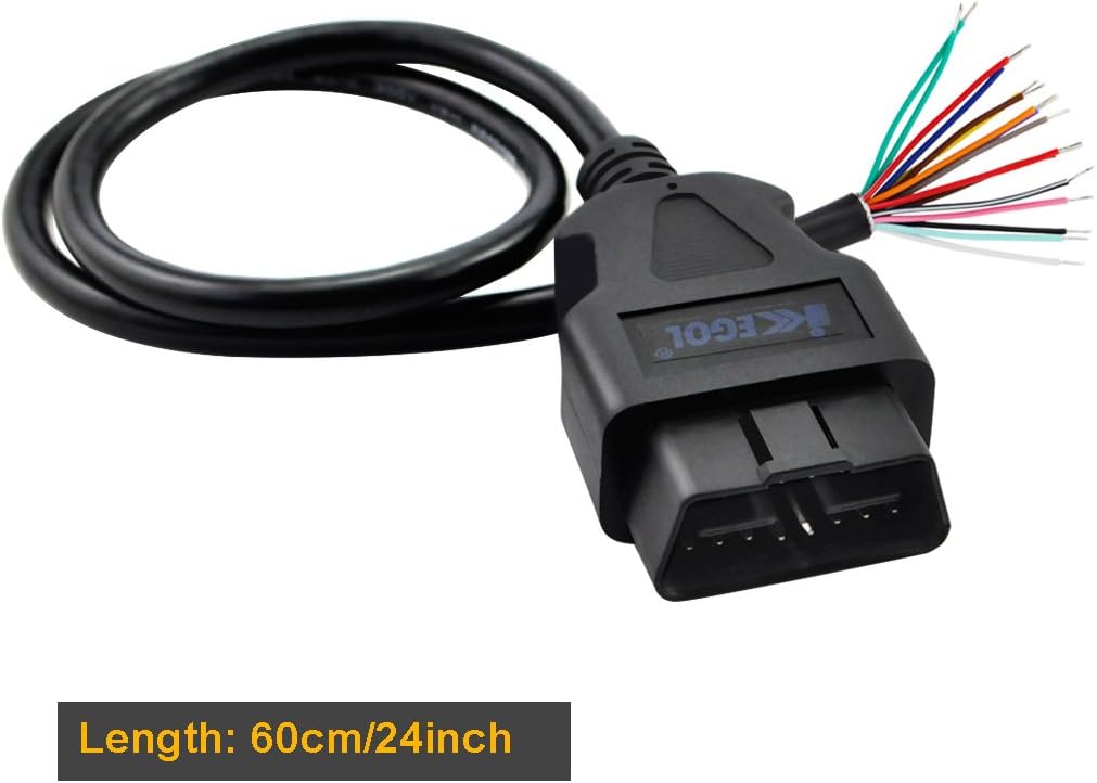 iKKEGOL Pack of 2 16 Pin J1962 OBD2 OBD-II Male Connector to Open Plug Wire, OBD Diagnostic Extension Cable Pigtail for DIY x 2 (60cm 24"" inch, 2ft)
