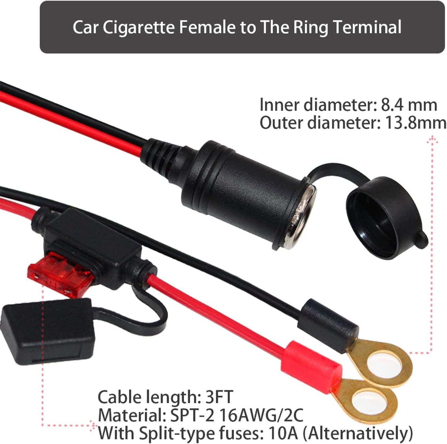 12V Adapter Plug Socket Auto Cigarette Lighter with Cap to Eyelet O Terminal 3ft (1pack) Charging Cable 10A Car Fuse 24volt RingTerminals 16AWG Heavy Duty Cord