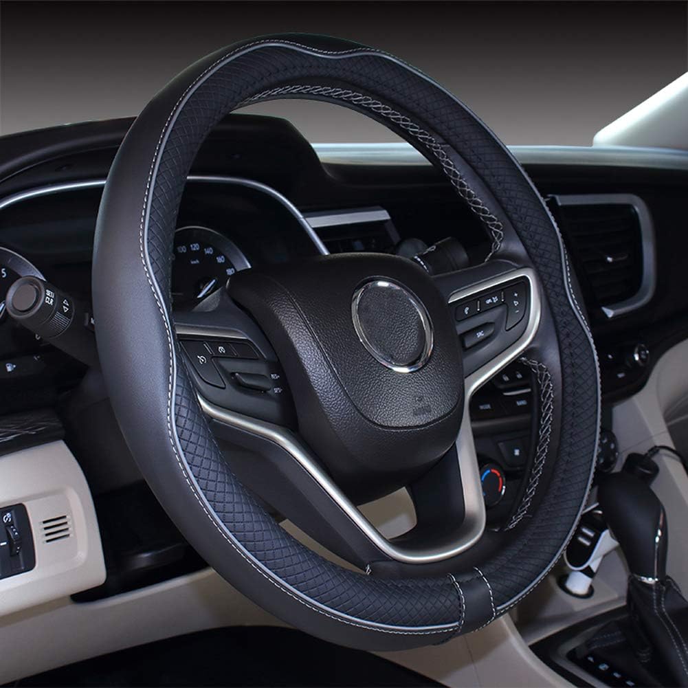 New Microfiber Leather Car 14 15 16 Small Medium Large Steering Wheel Cover for Women (14.5-15''(fit for Mostly Cars), Black Gray)