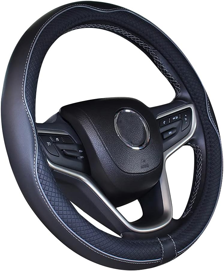 New Microfiber Leather Car 14 15 16 Small Medium Large Steering Wheel Cover for Women (14.5-15''(fit for Mostly Cars), Black Gray)