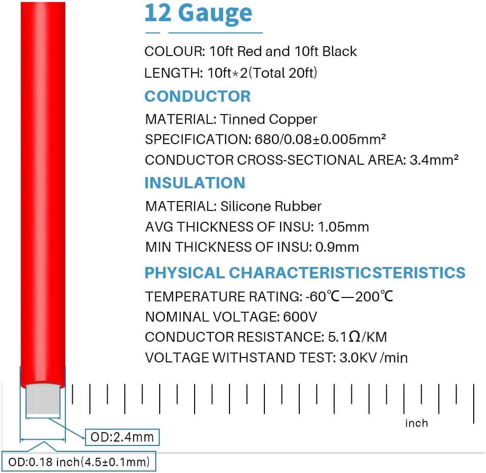 12 Gauge Silicone Wire Ultra Flexible 20 feet high Temp 200 deg C 600V 12 AWG Silicone Wire 680 Strands of Tinned Copper Wire Stranded Wire Model Battery Cable Black and Red Each Color 10 ft