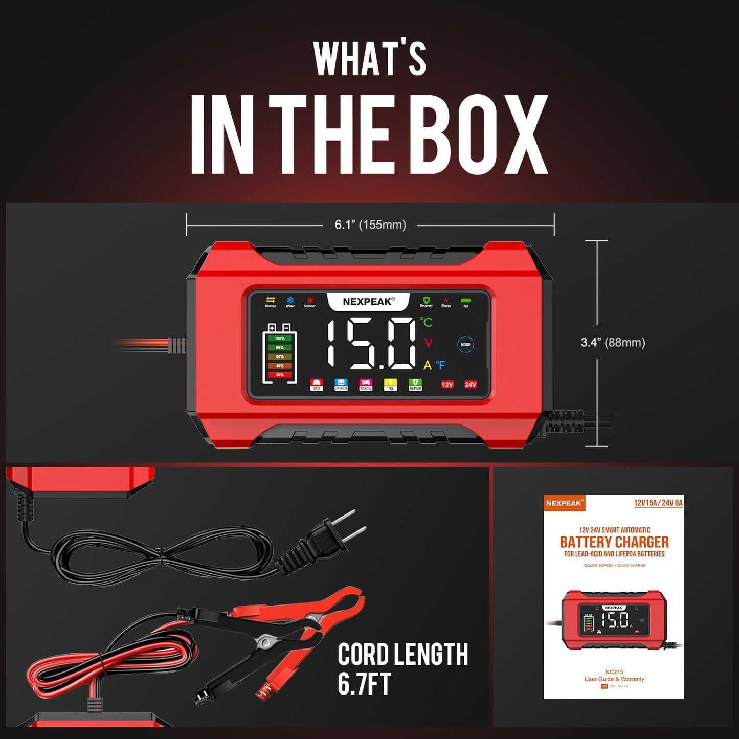 15A Car Battery Charger, 12V 15A/24V 8A Smart Fully Automatic Battery Charger with Temperature Compensation for Car Truck Motorcycle Marine Lead Acid Batteries and LiFePO4 Batteries