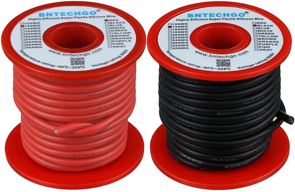 14 Gauge Silicone Wire Spool 50 feet Ultra Flexible High Temp 200 deg C 600V 14 AWG Silicone Wire 400 Strands of Tinned Copper Wire 25 ft Black and 25 ft Red Stranded Wire for Model Battery