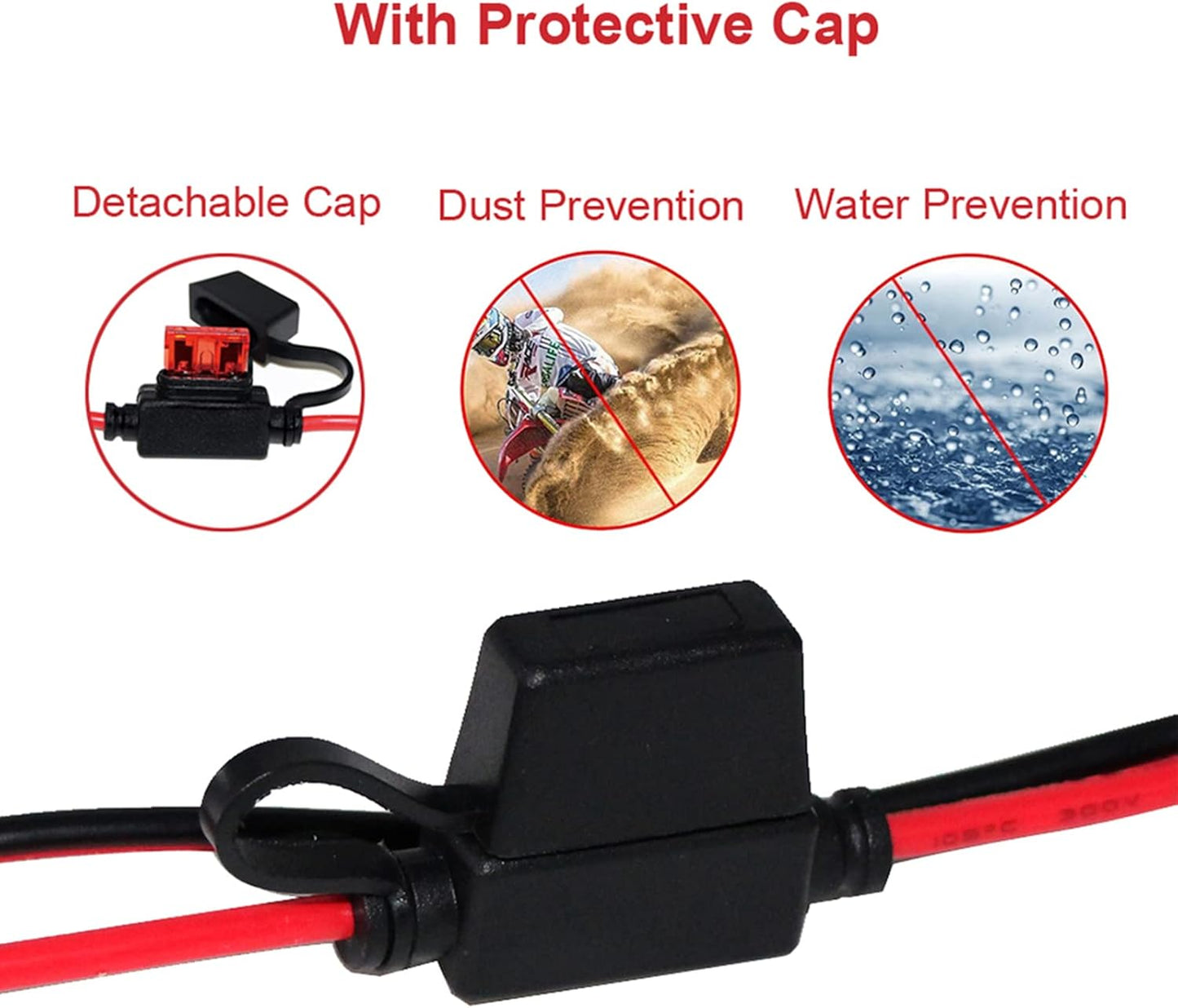 12V Adapter Plug Socket Auto Cigarette Lighter with Cap to Eyelet O Terminal 3ft (1pack) Charging Cable 10A Car Fuse 24volt RingTerminals 16AWG Heavy Duty Cord